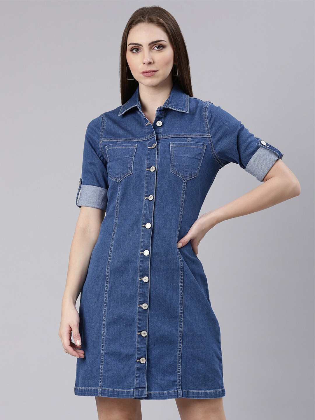 SHOWOFF Shirt Collar Cotton Mini Dress