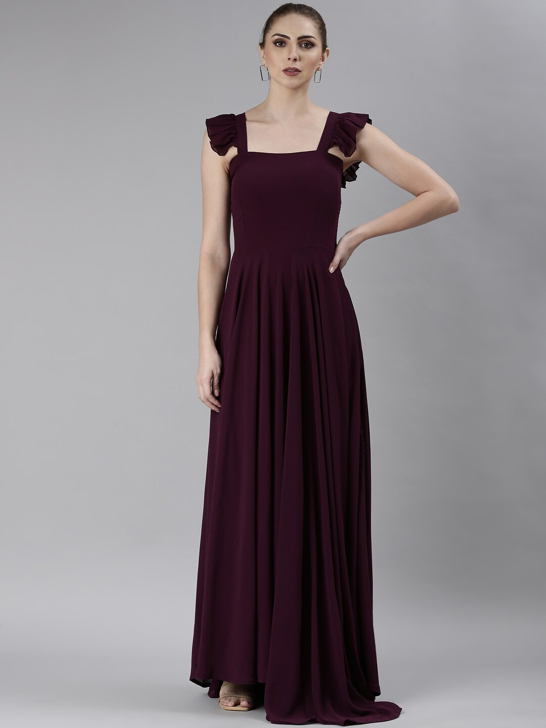 SHOWOFF Square Neck Shoulder Straps Ruffled & Smocked Georgette Maxi Dress