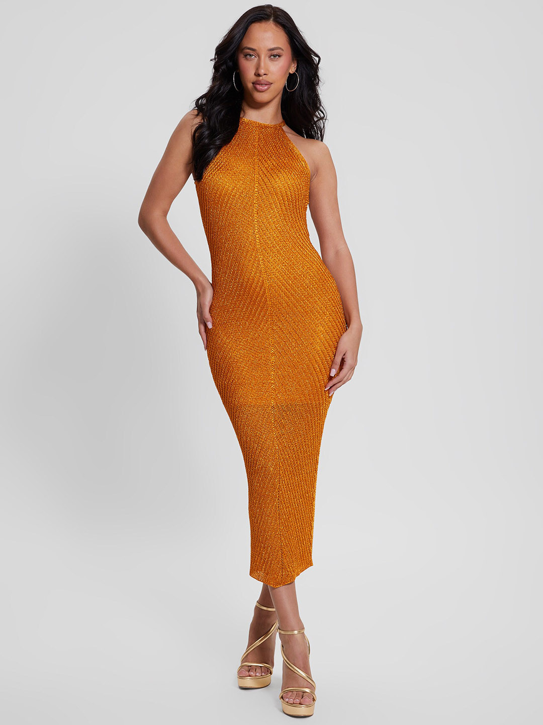 GUESS Self Design Sleeveless Slit Cut Bodycon Midi Dress