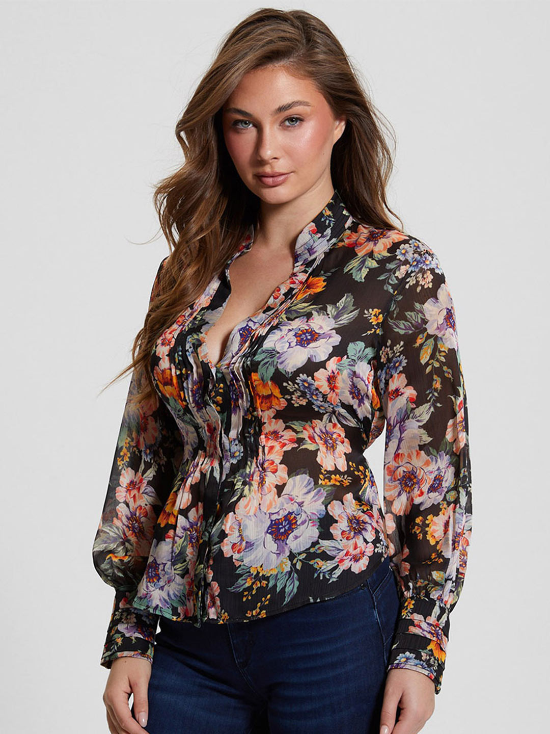 GUESS Floral Printed Mandarin Collar Casual Shirt With Pin Tucks