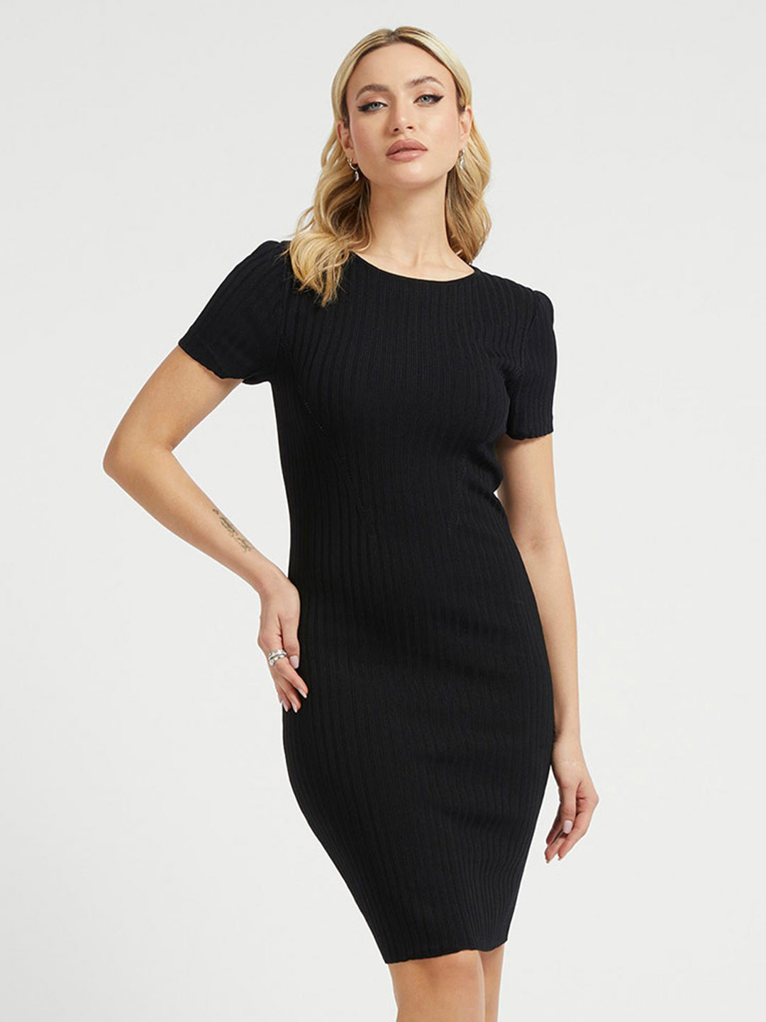 GUESS Striped Cut-Out Detailed Round Neck Bodycon Dress