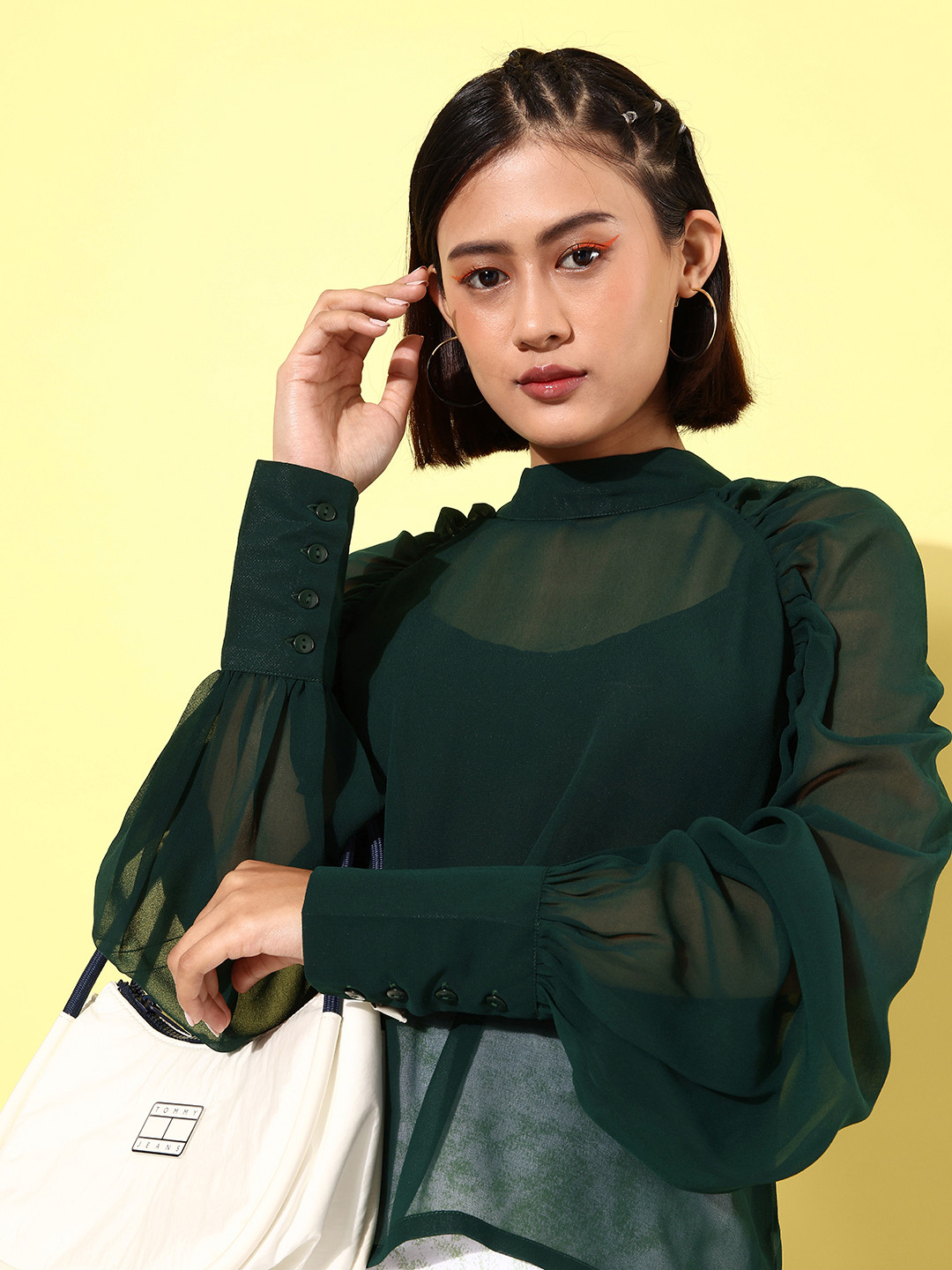 ANVI Be Yourself Mandarin Collar Raglan Sleeves Sheer Georgette Longline Top