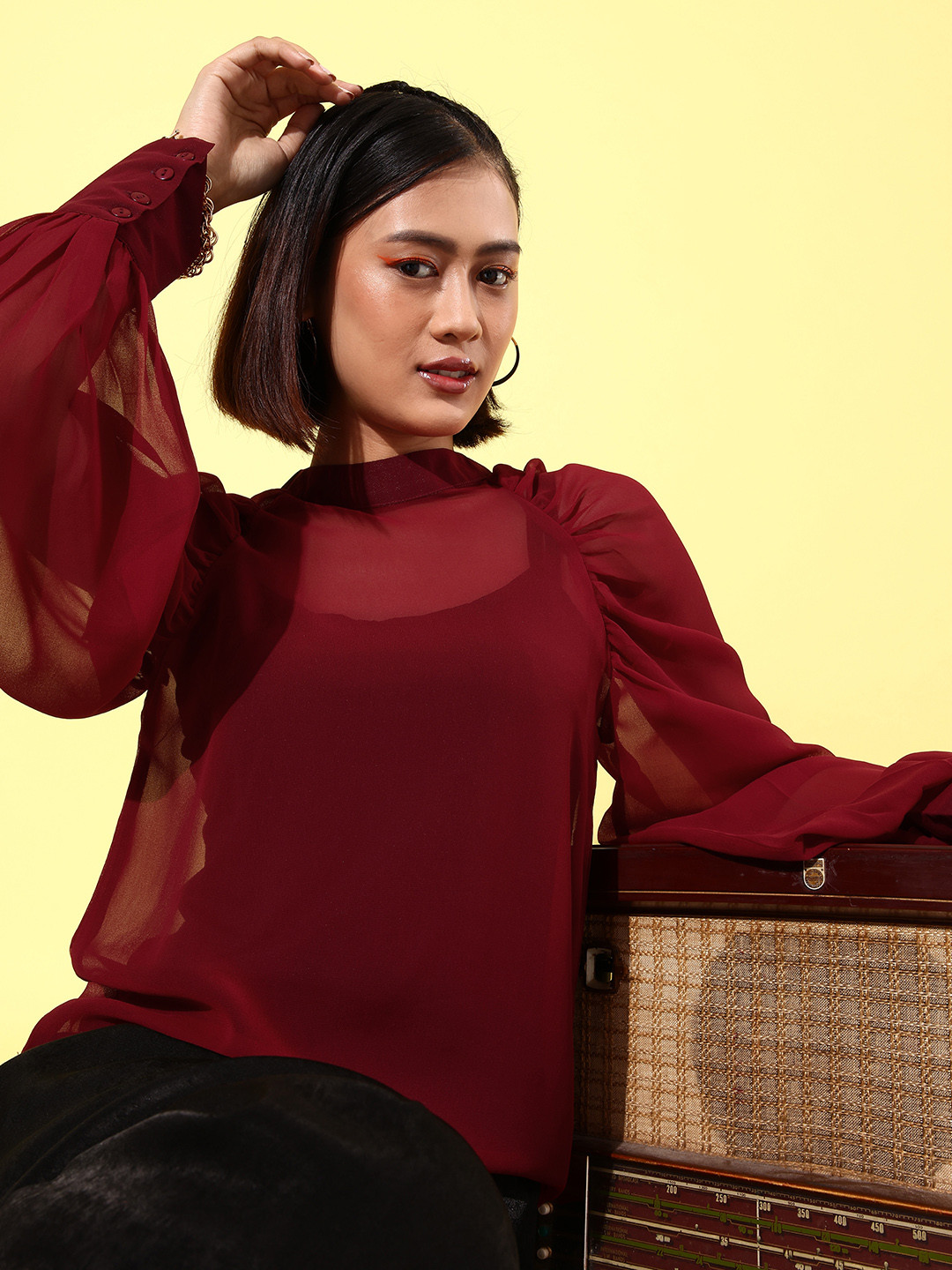 ANVI Be Yourself Mandarin Collar Raglan Sleeves Sheer Georgette Longline Top