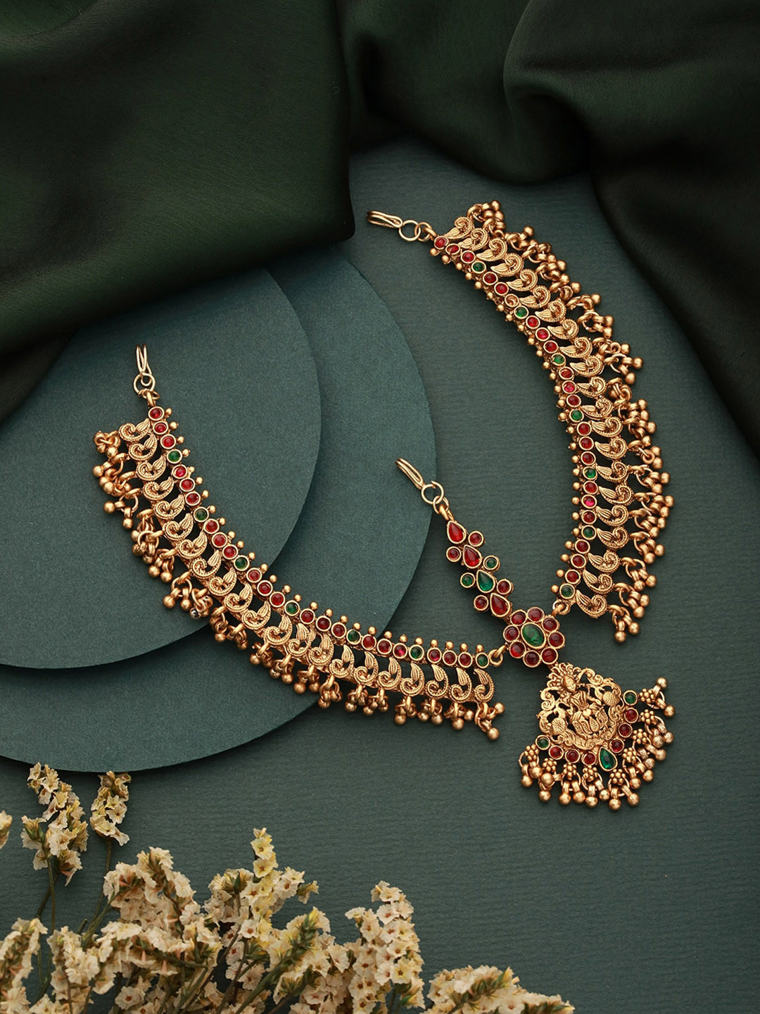 Saraf RS Jewellery Gold-Plated AD-Studded & Beaded Antique Temple Matha Patti