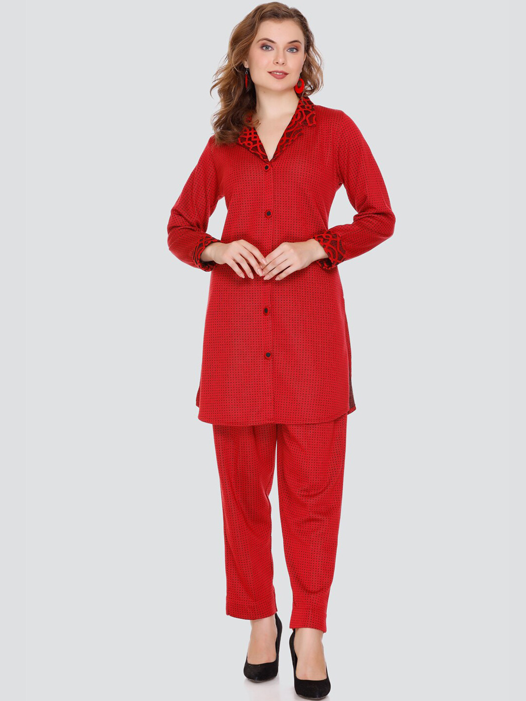 Elthia Geometric Printed Shawl Collar Panelled Kurta With Trouser