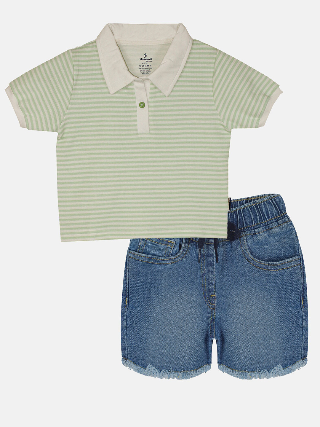 KiddoPanti Girls Striped Crop Polo Collar Pure Cotton T-shirt With Shorts