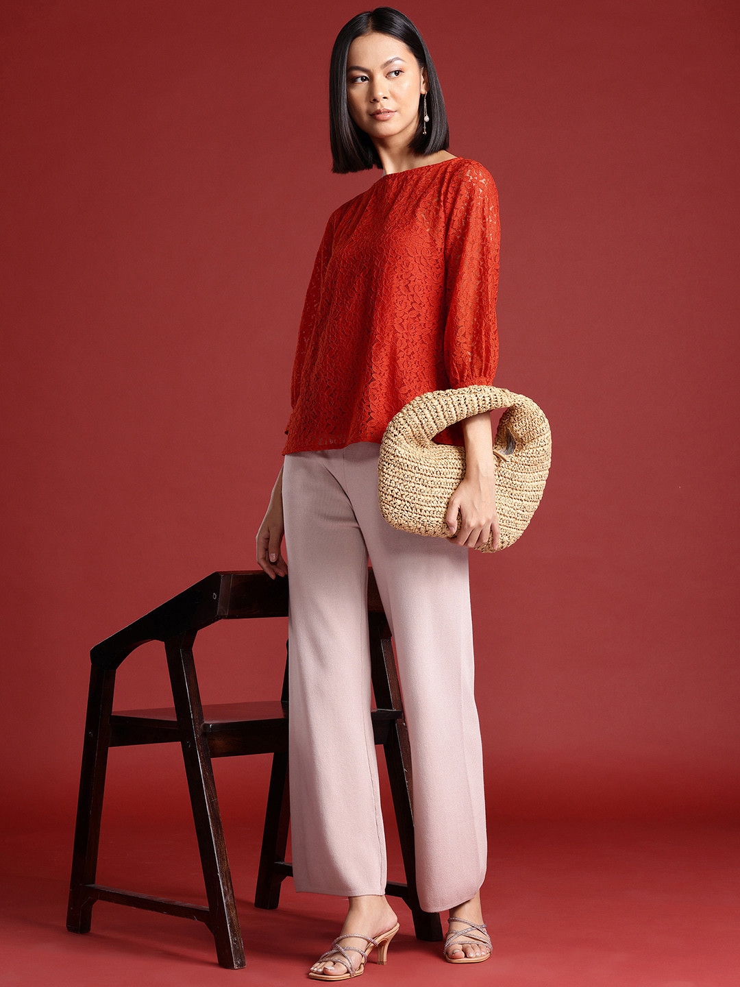 all about you Puff Sleeves Lace-Inserted Top