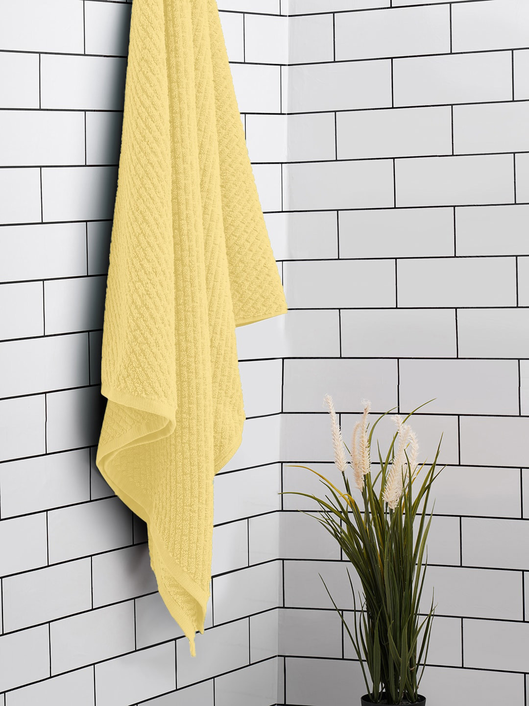 SPACES Yellow Textured 400 GSM Pure Cotton Super Absorbent Bath Towel
