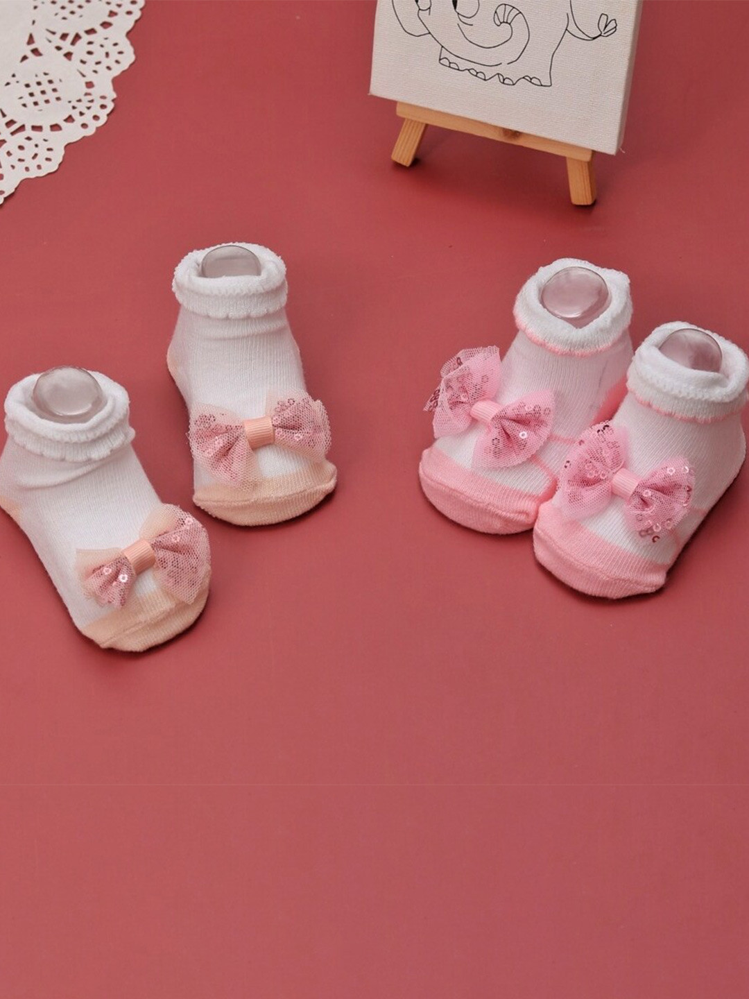 Yellow Bee Infant Girls Pack Of 2 Sequins Bow Cotton Ankle-Length Socks