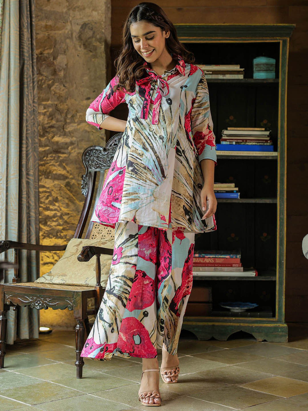 JISORA White Printed Shirt-Collar Pure Cotton Tunic With Palazzo