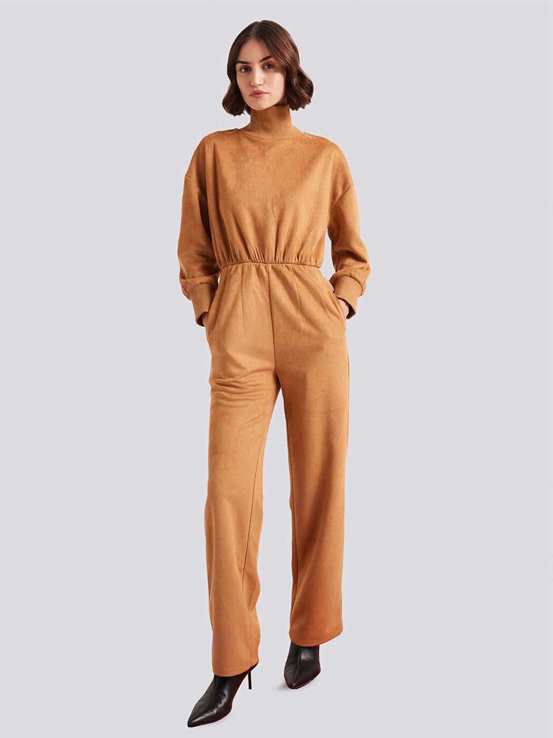 Muvazo Coffee High Neck Basic Jumpsuit