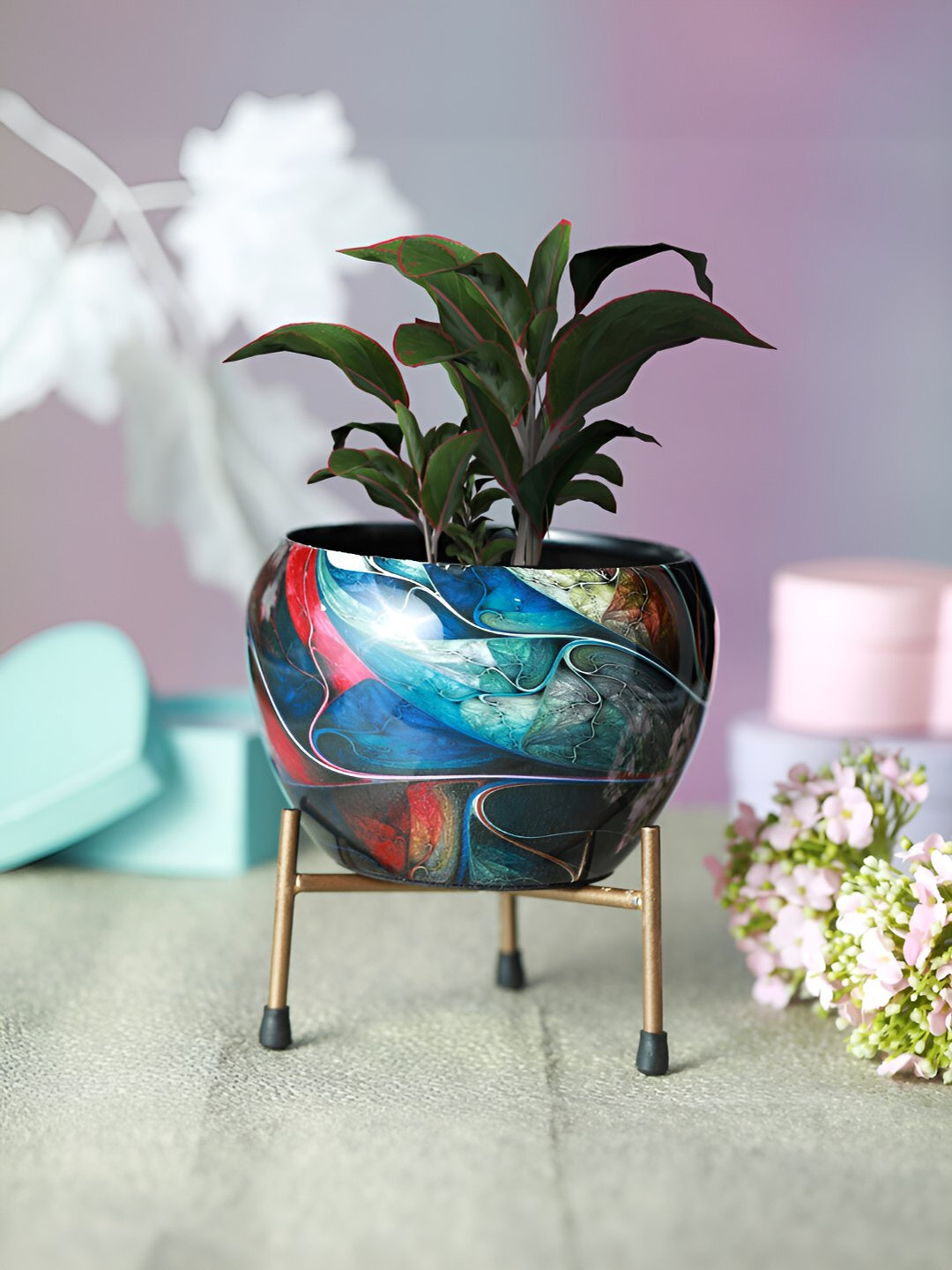 Homspurts Blue Metal Planter with Stand