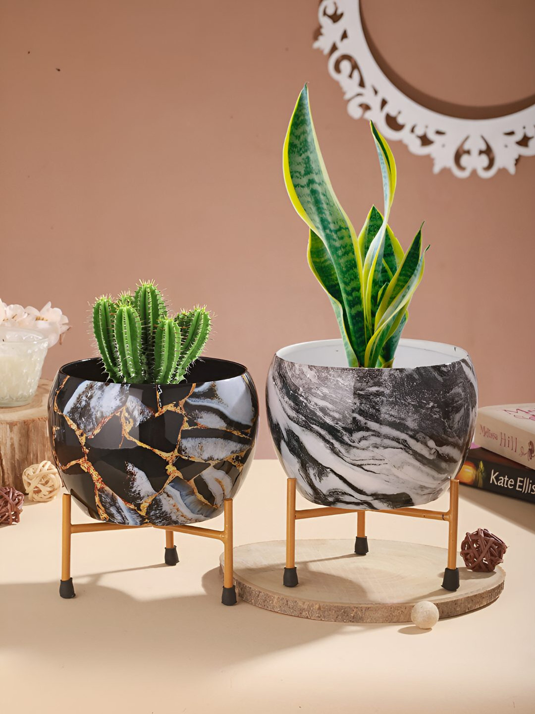 Homspurts Grey & Brown 2 Pieces Metal Planters with Stands