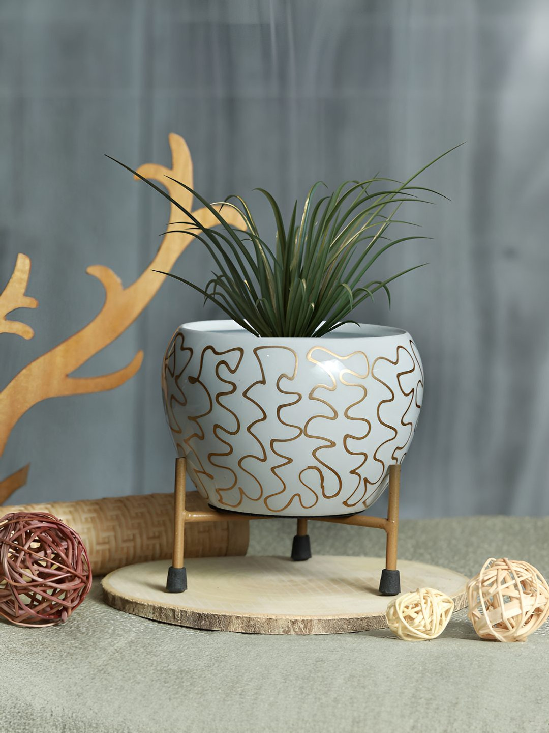 Homspurts White & Gold Toned Printed Resilient Metal Planter With Stand