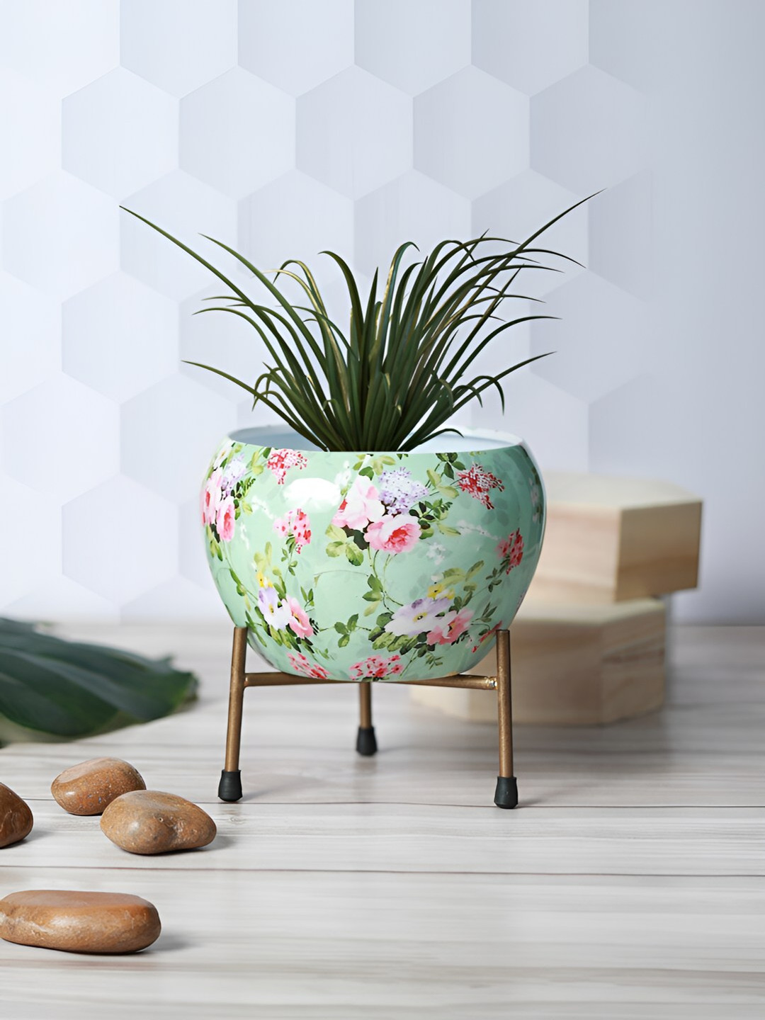 Homspurts Green & Pink Floral Printed Apple-Shaped Metal Planter With Stand