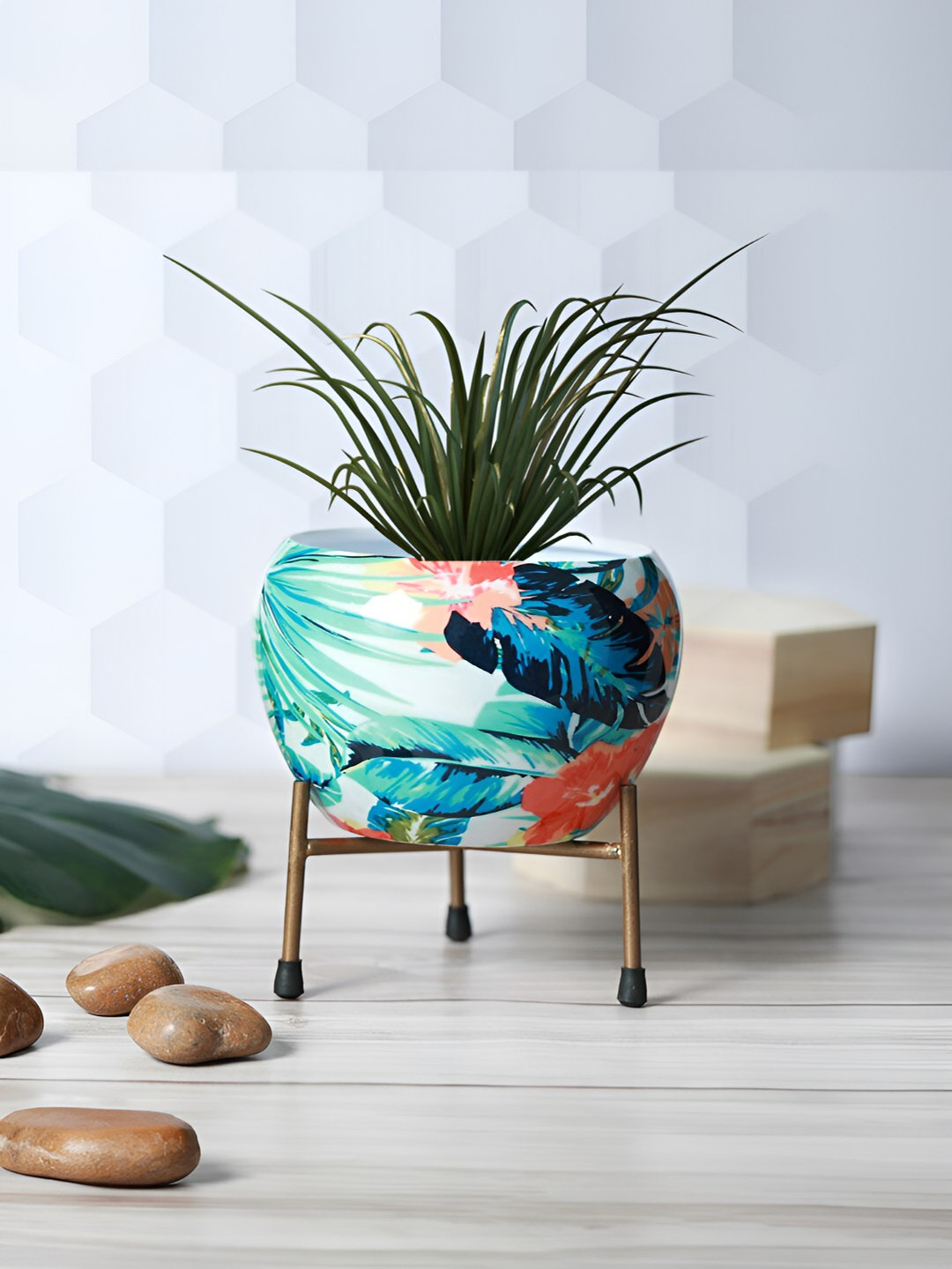 Homspurts Blue Tropical Printed Metal Planter with Stand