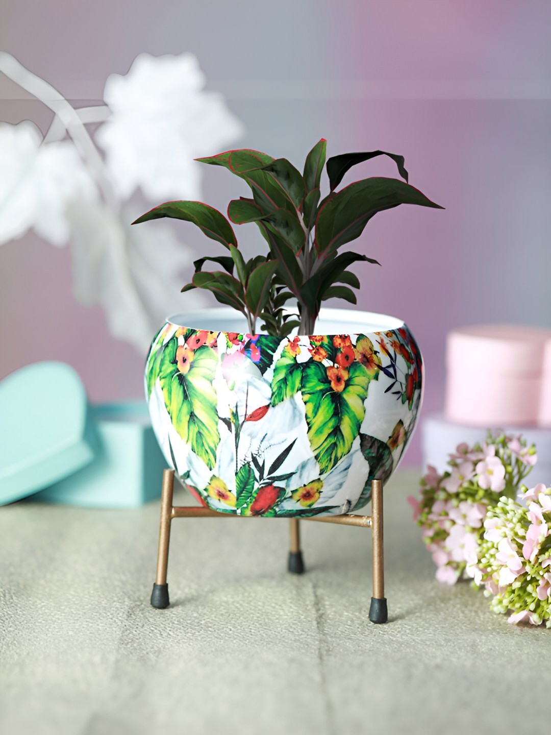 Homspurts Pink & Green Metal Planter with Stand