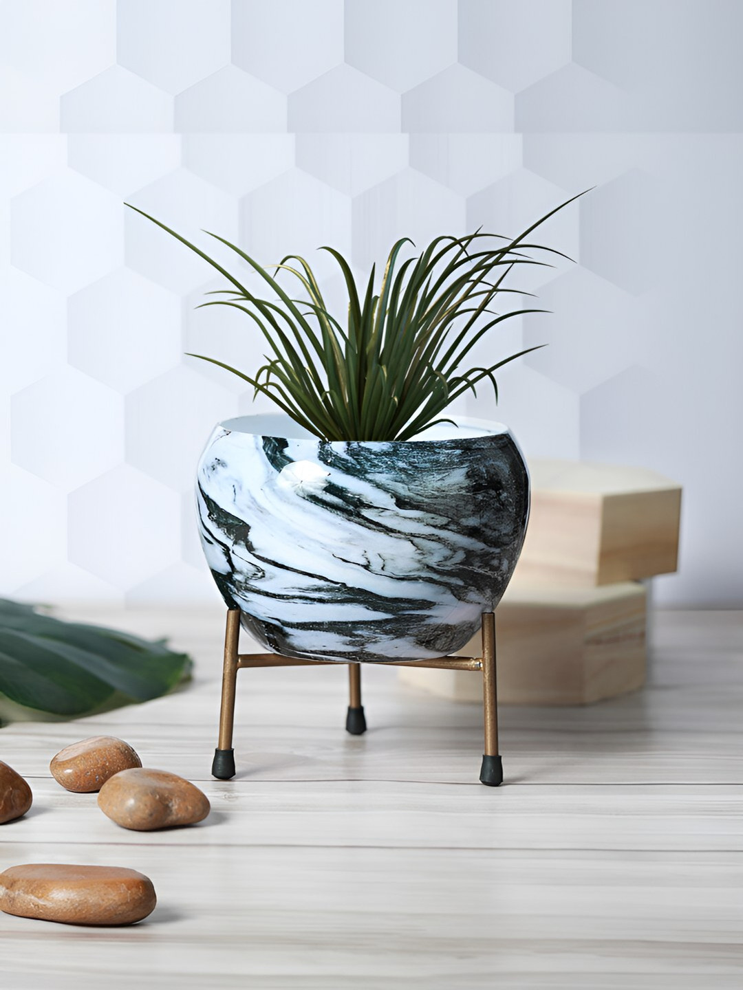 Homspurts Brown Marble Printed Metal Planter with Stand