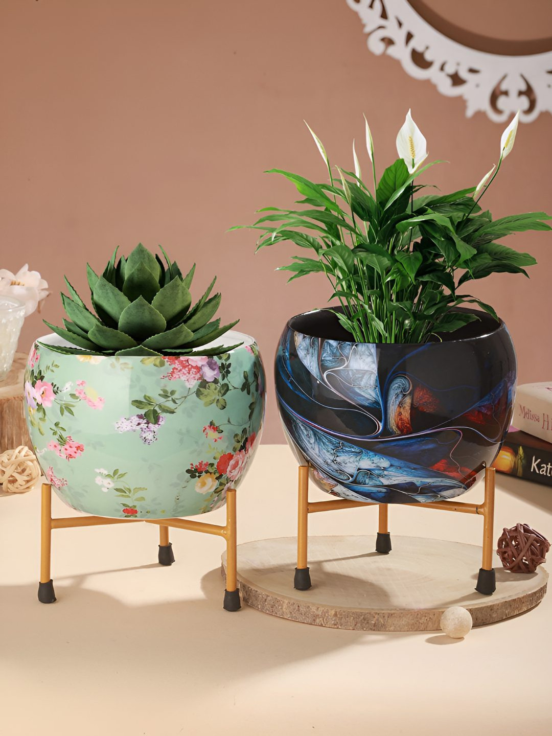 Homspurts Green & Pink 2 Pieces Metal Planters With Stand