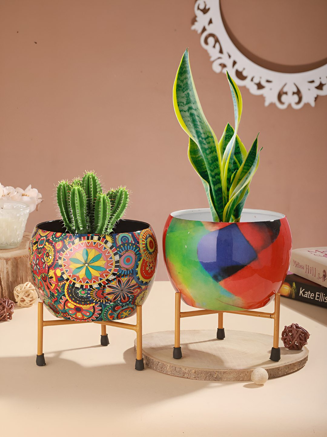 Homspurts Red & Blue 2 Pieces Resilient Metal Planters With Stand