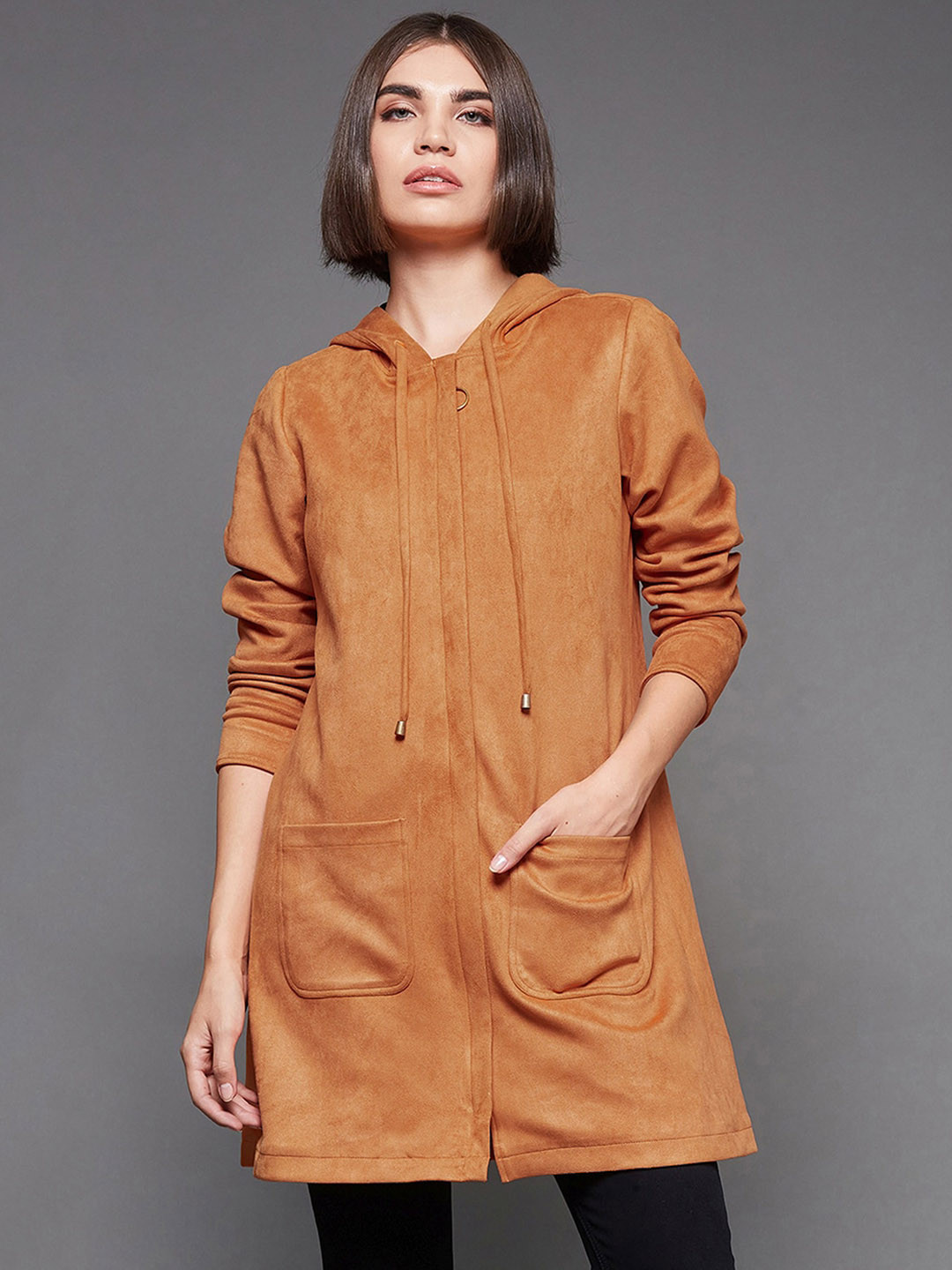 DressBerry Orange Hooded Long Sleeves Longline Tailored Jacket