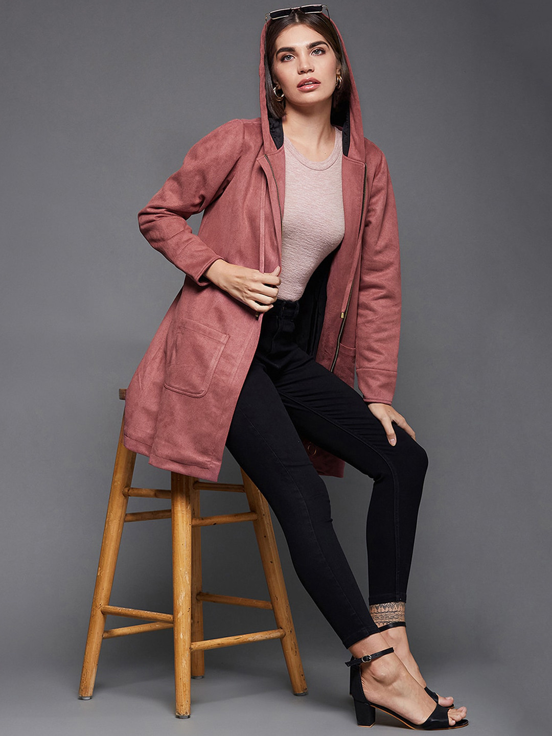 DressBerry Peach-Coloured Hooded Longline Bomber Jacket