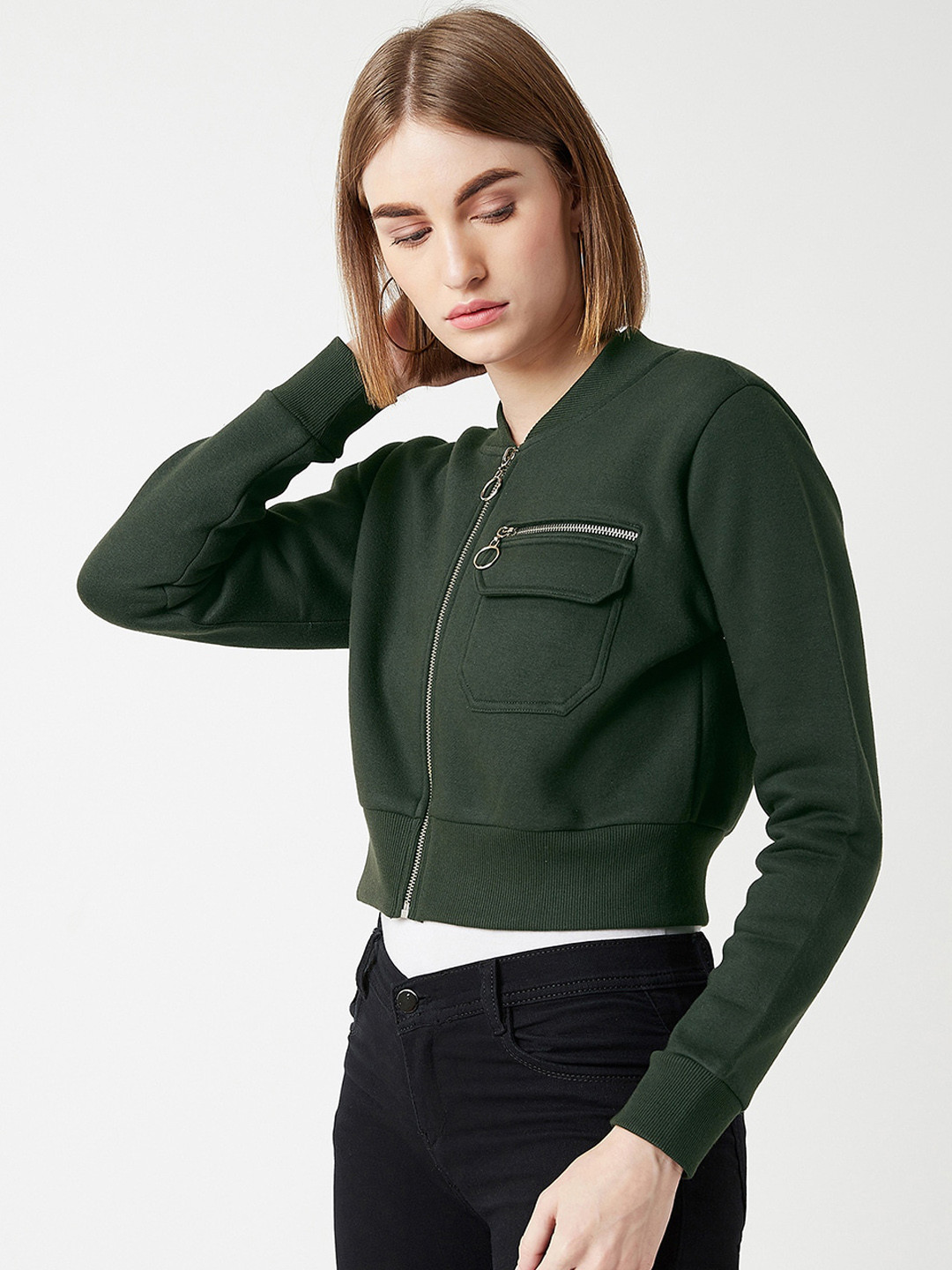 DressBerry Green Stand Collar Crop Bomber Jacket