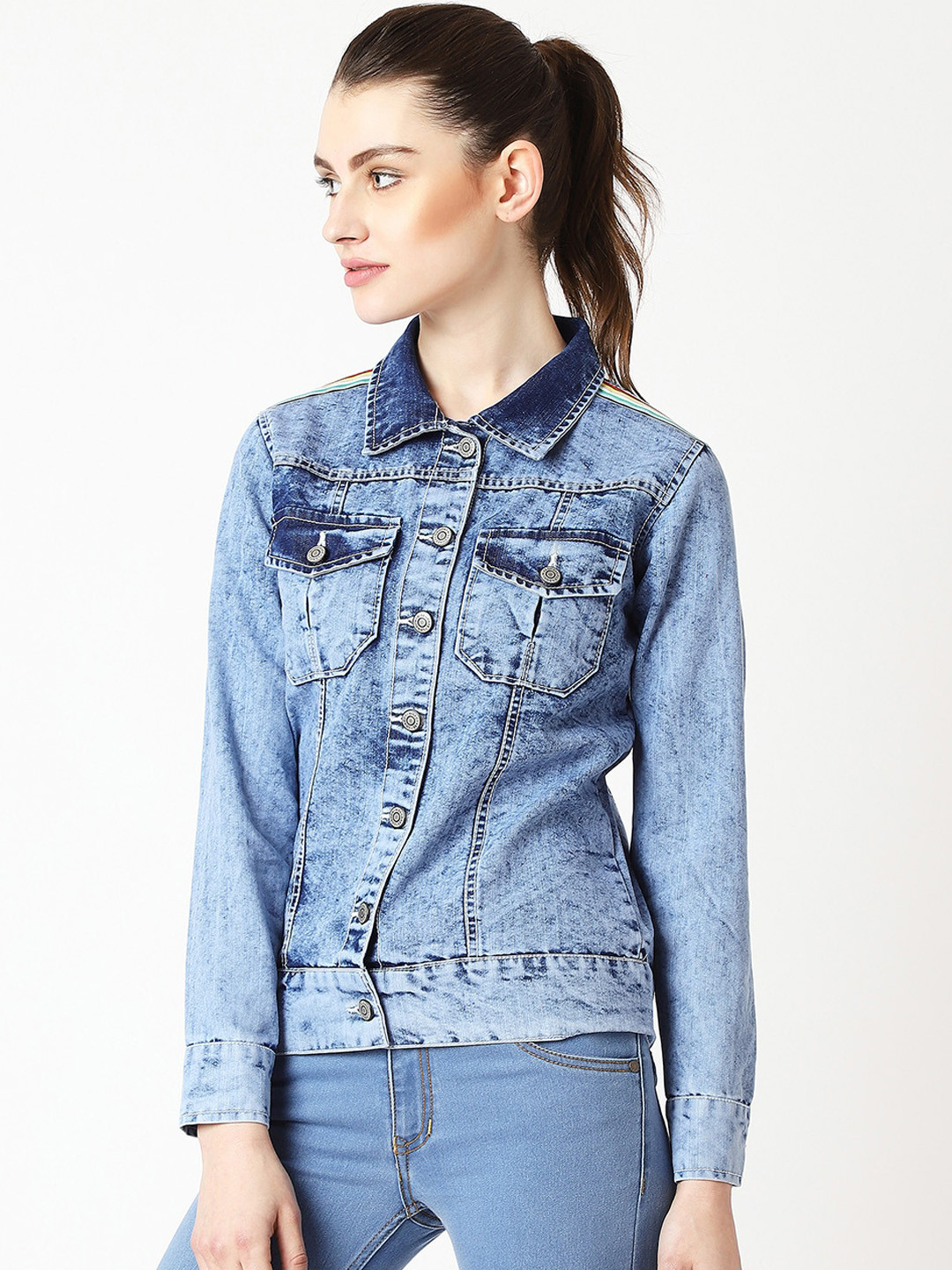 DressBerry Blue Washed Printed Denim Jacket