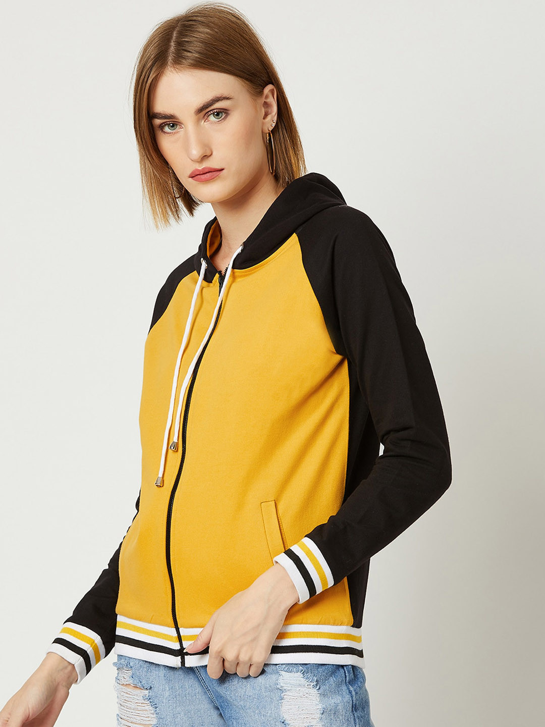 DressBerry Yellow Colourblocked Pure Cotton Bomber Jacket
