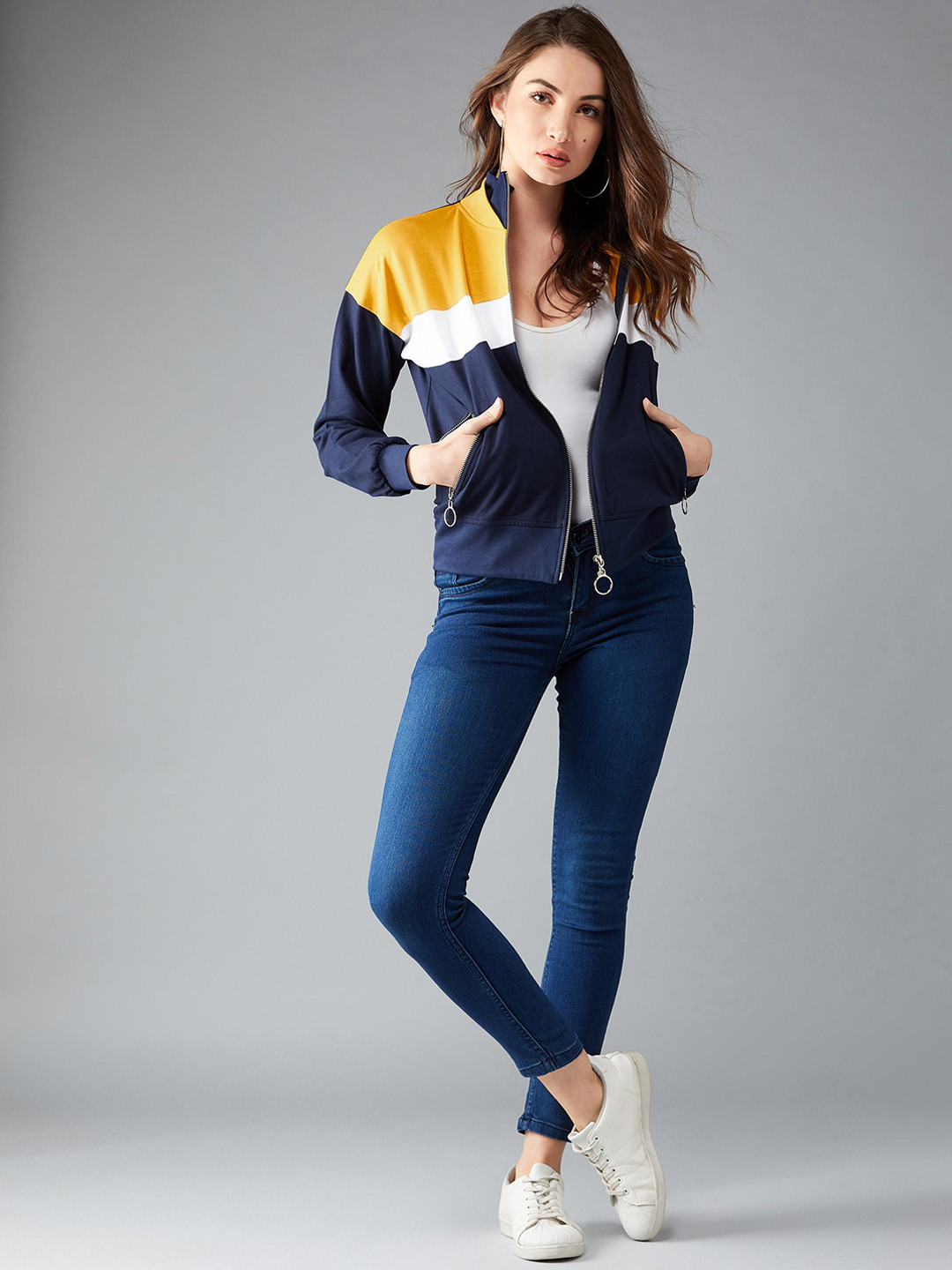 DressBerry Navy Blue & Yellow Colourblocked Turtle Neck Pure Cotton Sporty Jacket