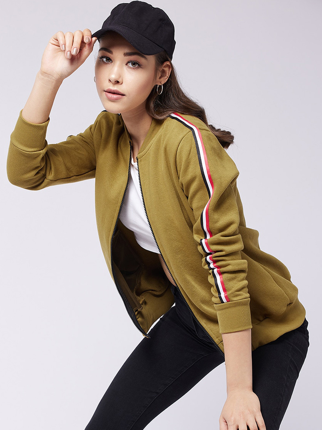DressBerry Olive Green Mandarin Collar Fleece Bomber Jacket