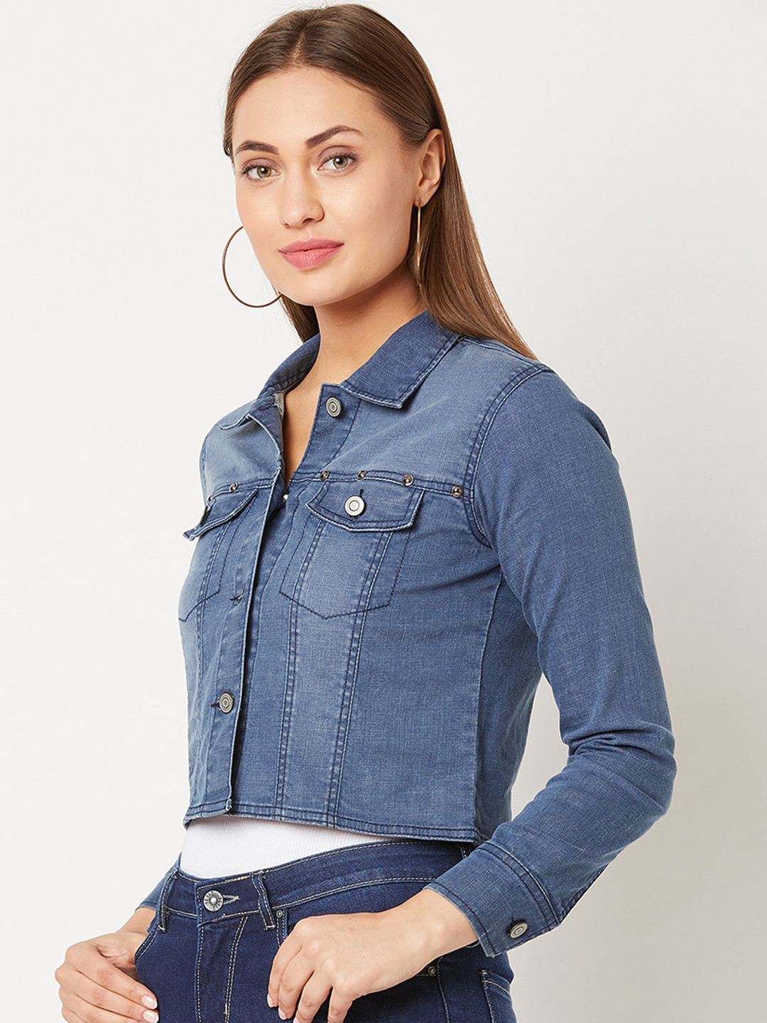 DressBerry Navy Blue Washed Spread Collar Crop Denim Jacket