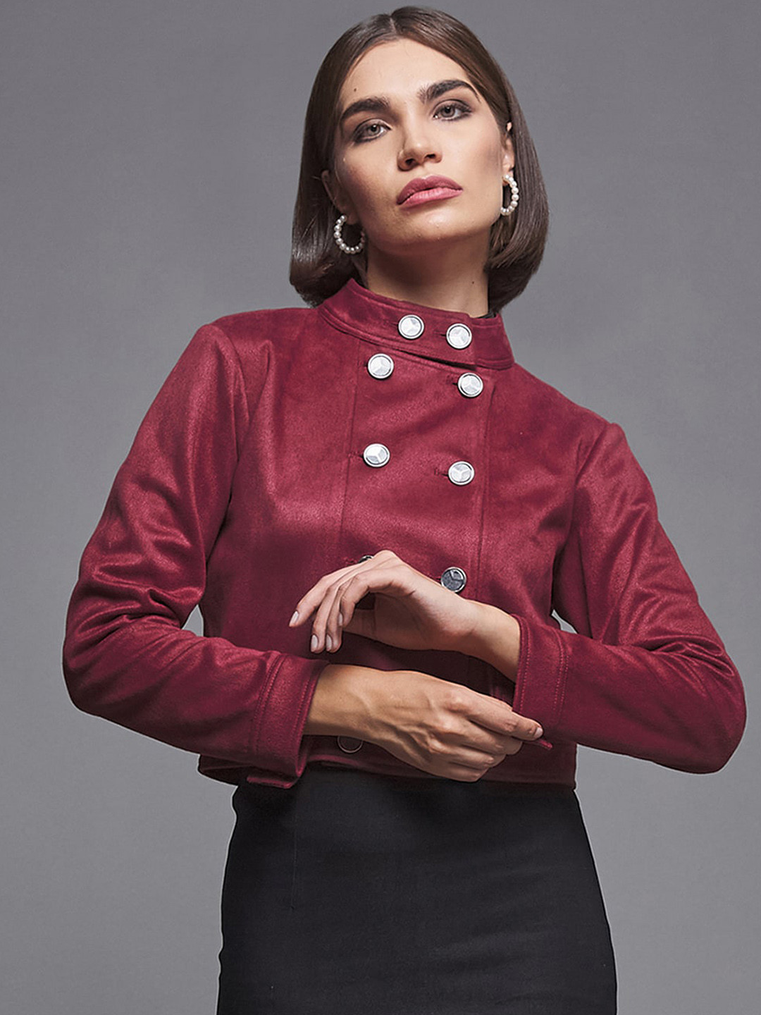 DressBerry Red Stand Collar Crop Tailored Jacket