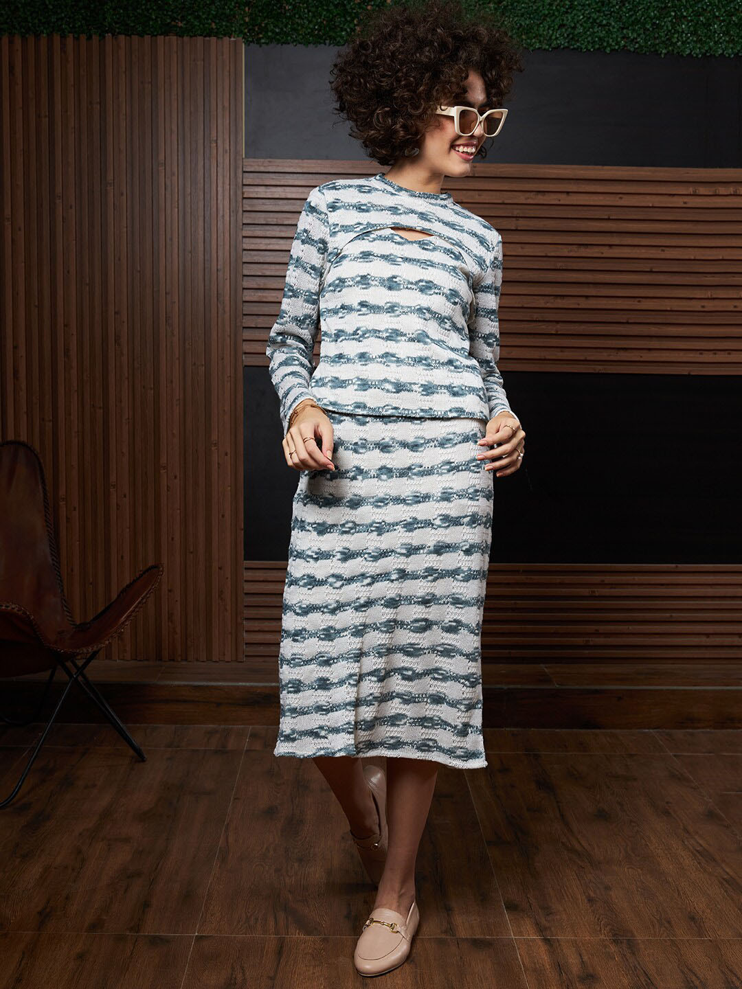 Athena Teal Blue Self-Design Top With Skirt Co-Ords