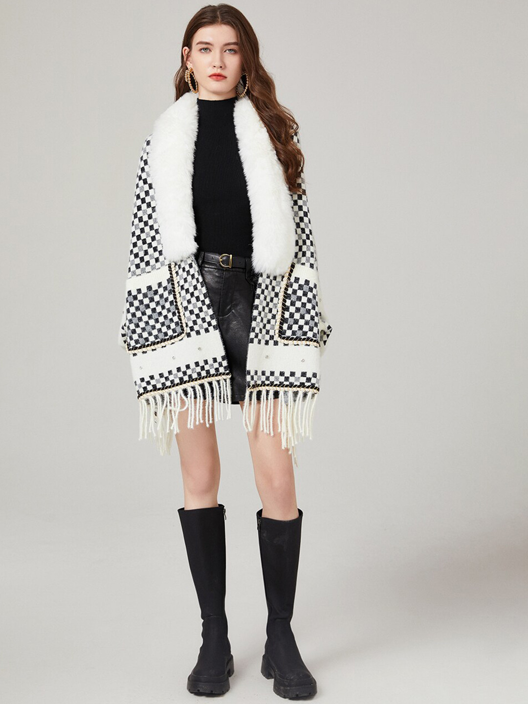 JC Collection Self Design Fur Detail Shawl Collar Fringed Overcoat