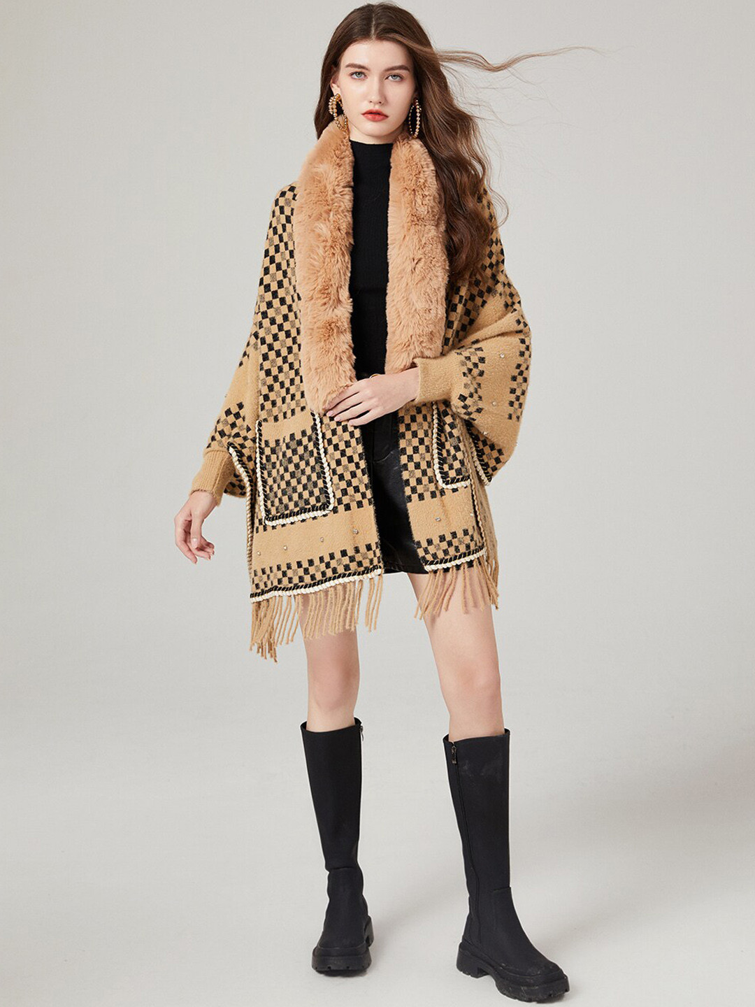 JC Collection Checked Self Designed Fringes Front-Open Overcoat