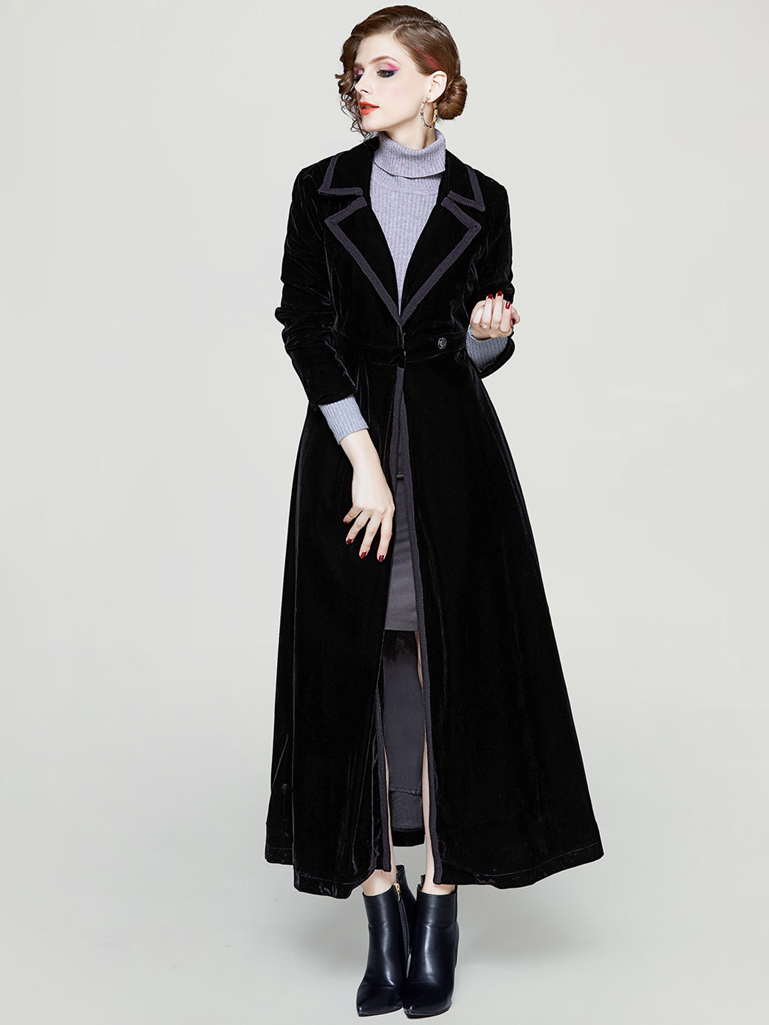 JC Collection Notched Lapel Collar Single-Breasted Longline Flared Princess Coat