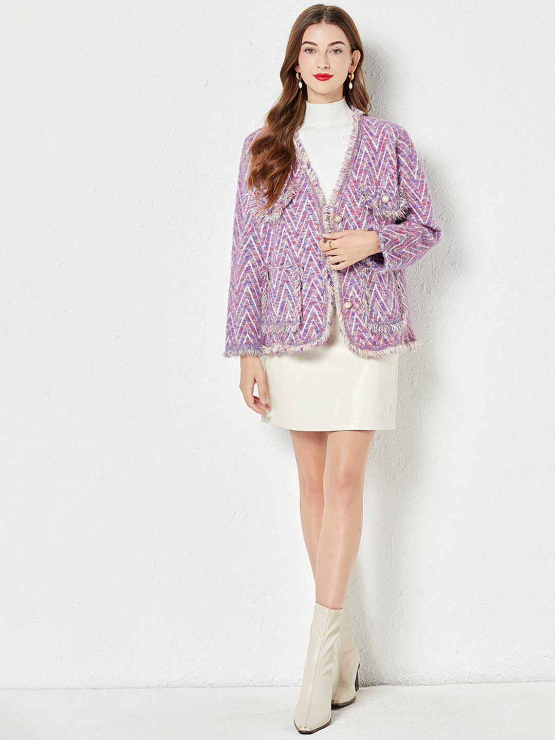 JC Collection Chevron Self Designed V-Neck Overcoat
