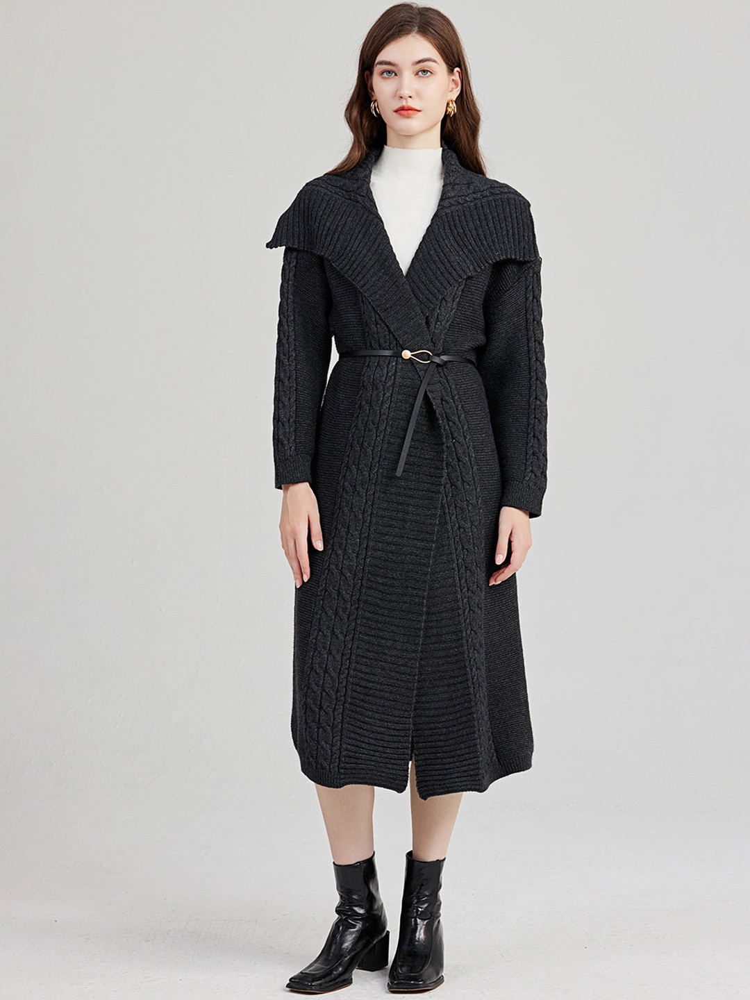 JC Collection Self-Design Shawl Collar Belted Longline Overcoat