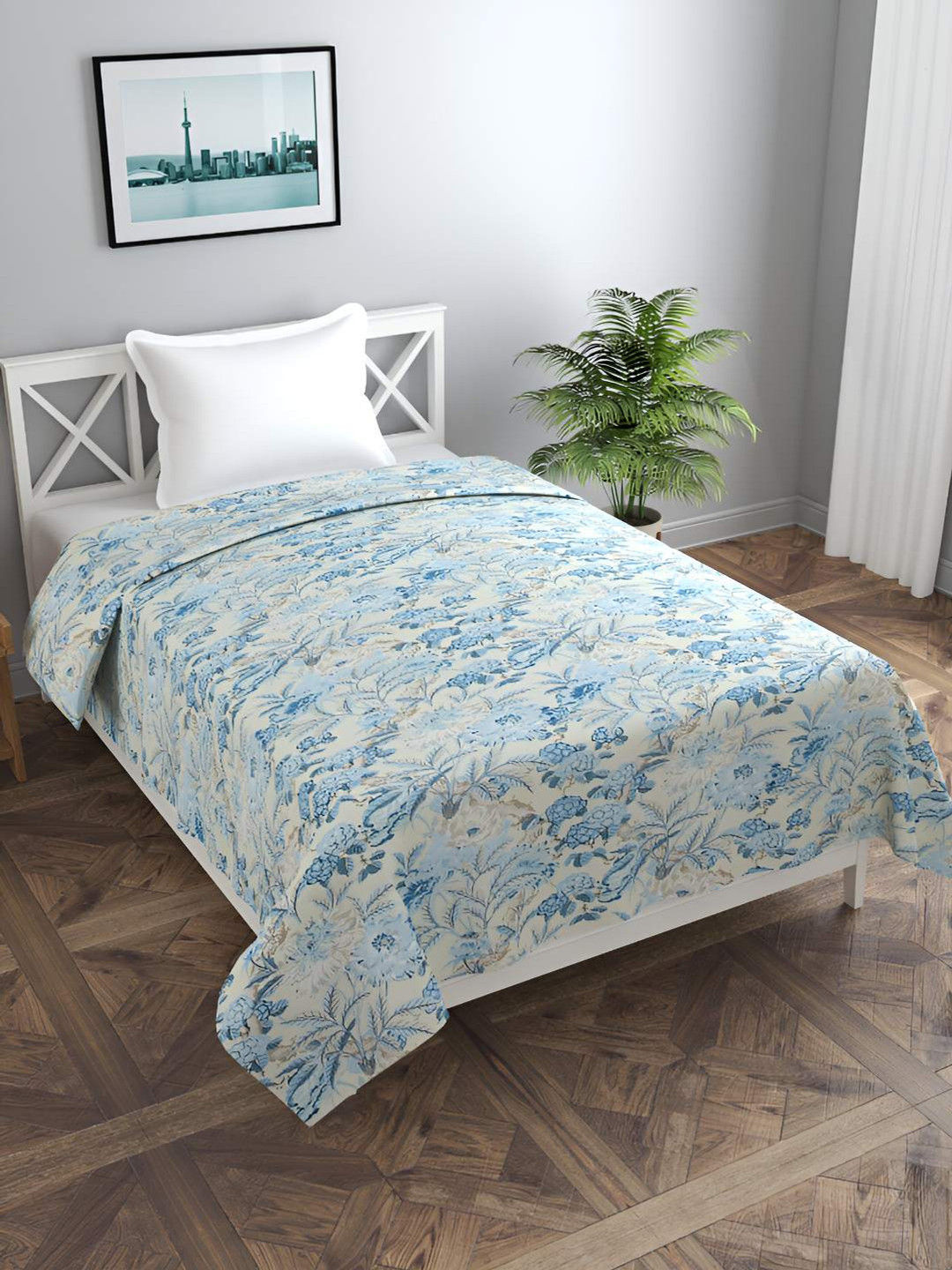 BREVARD Beige & Blue Printed Single Duvet Cover