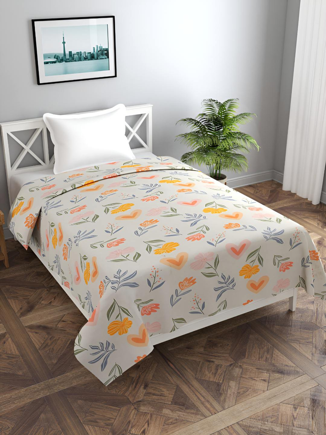 BREVARD White & Orange Colored Printed Single Duvet Cover