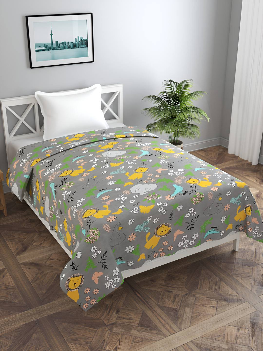 BREVARD Grey & Yellow Printed Single Duvet Cover