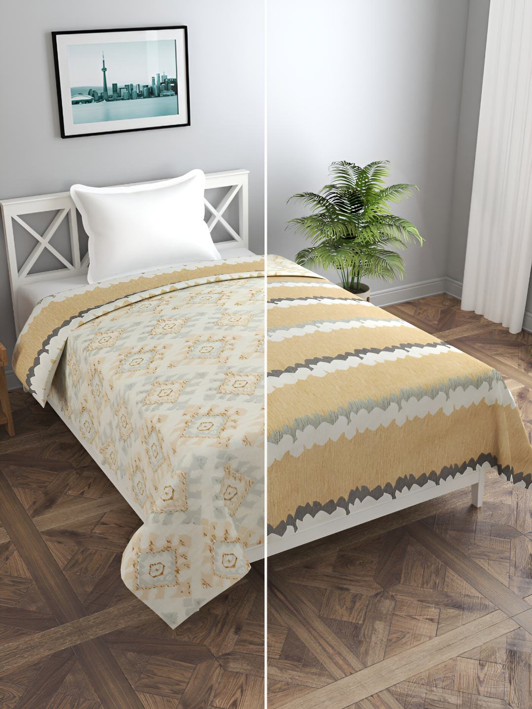 BREVARD Brown & Beige Printed Reversible Single Duvet Cover