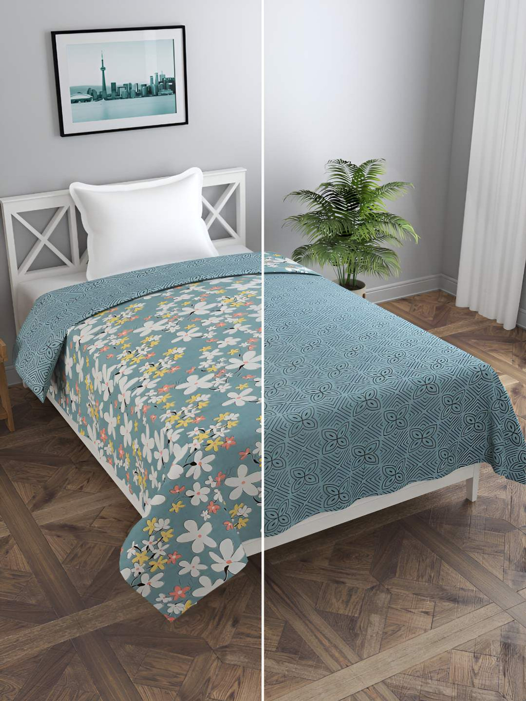 BREVARD Green & White Printed Reversible Single Duvet Cover