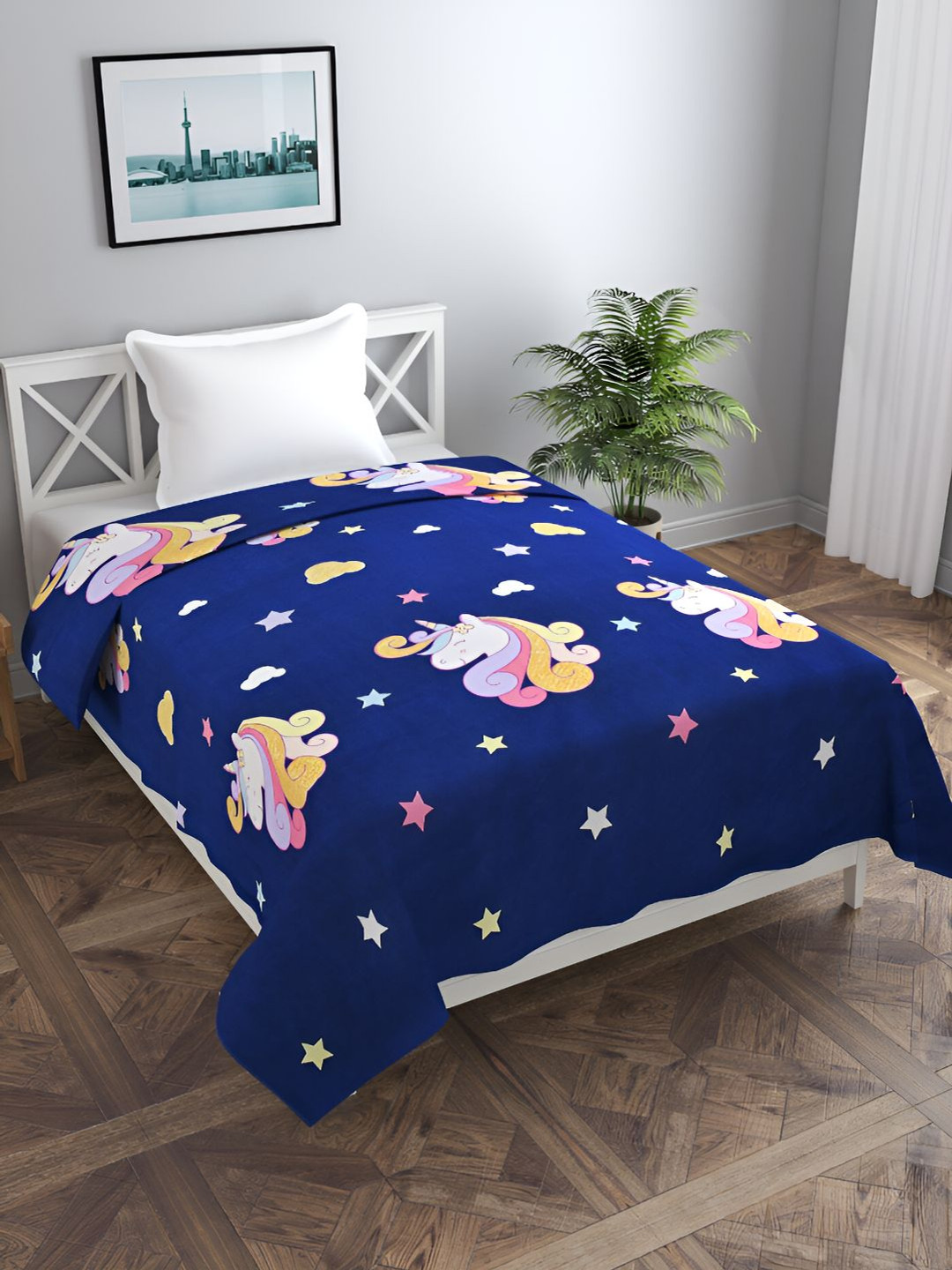 BREVARD Navy Blue & Yellow Printed Single Duvet Cover