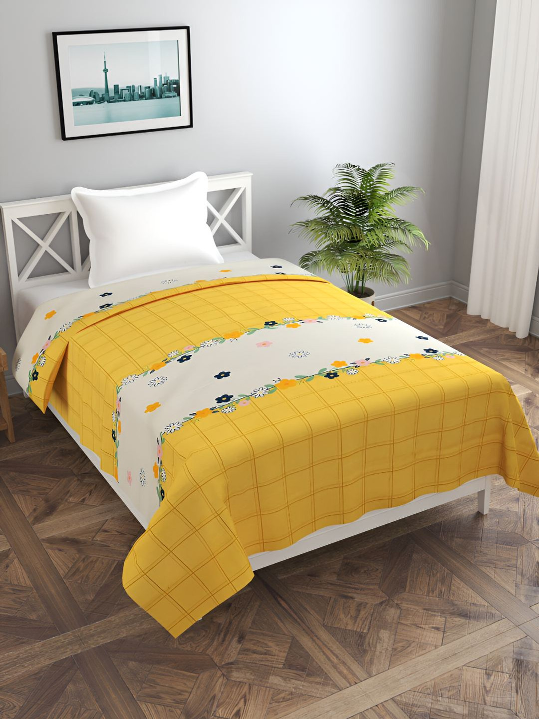 BREVARD Yellow & Cream Floral & Geometric Printed Single Duvet Cover