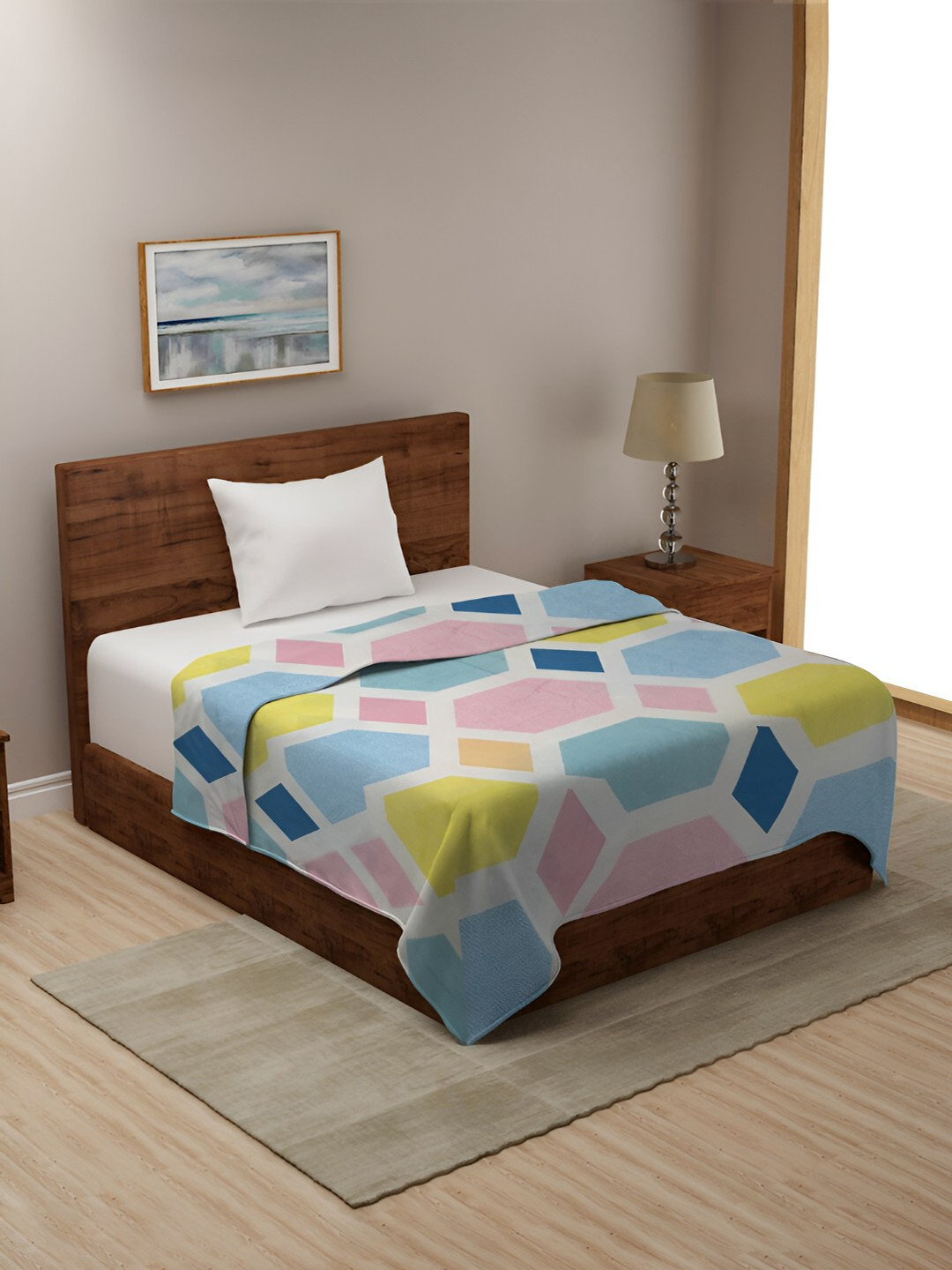 BREVARD White & Blue Geometric Printed Single Duvet Cover