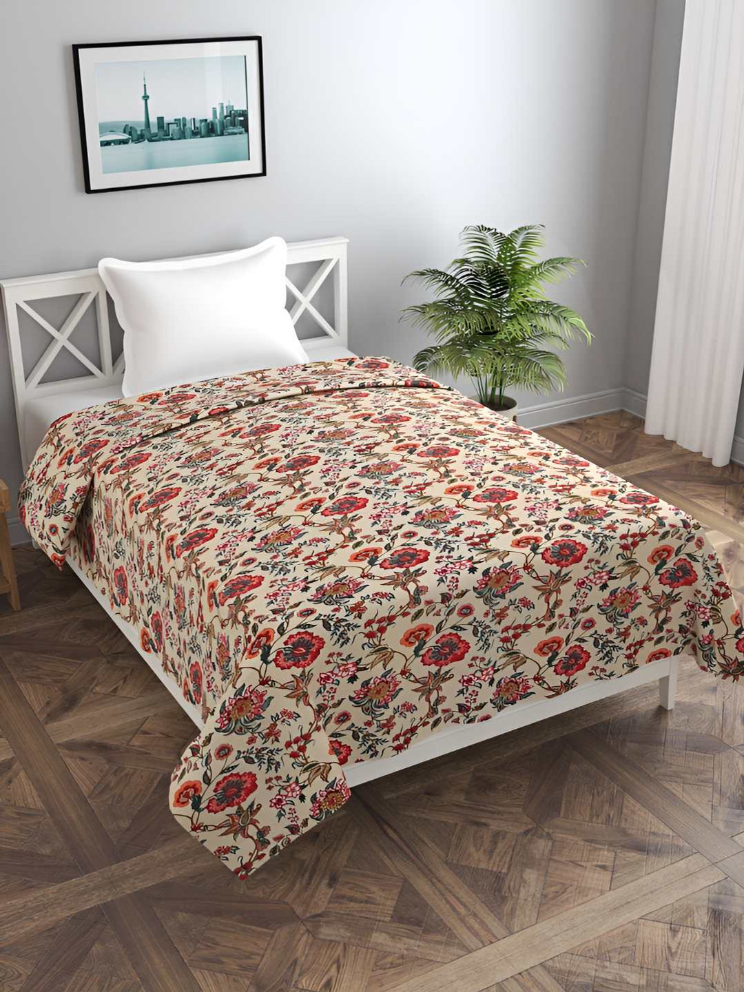 BREVARD Beige & Red Floral Printed Single Duvet Cover
