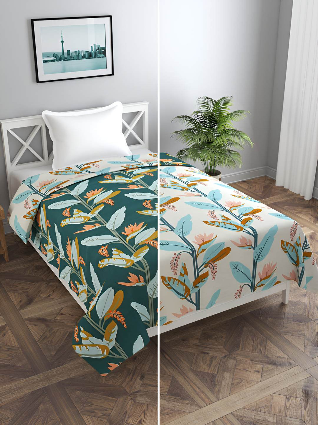 BREVARD Green & Off White Floral Printed Reversible Single Duvet Cover