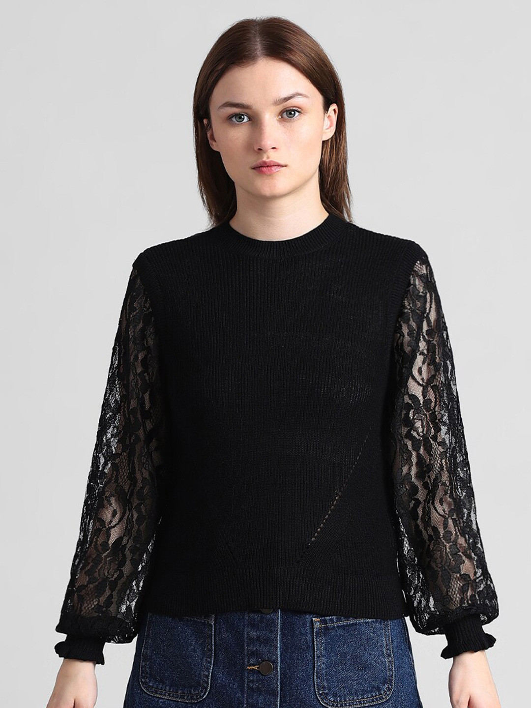ONLY Lace Up Detail Self Design Puff Sleeves High Neck Top